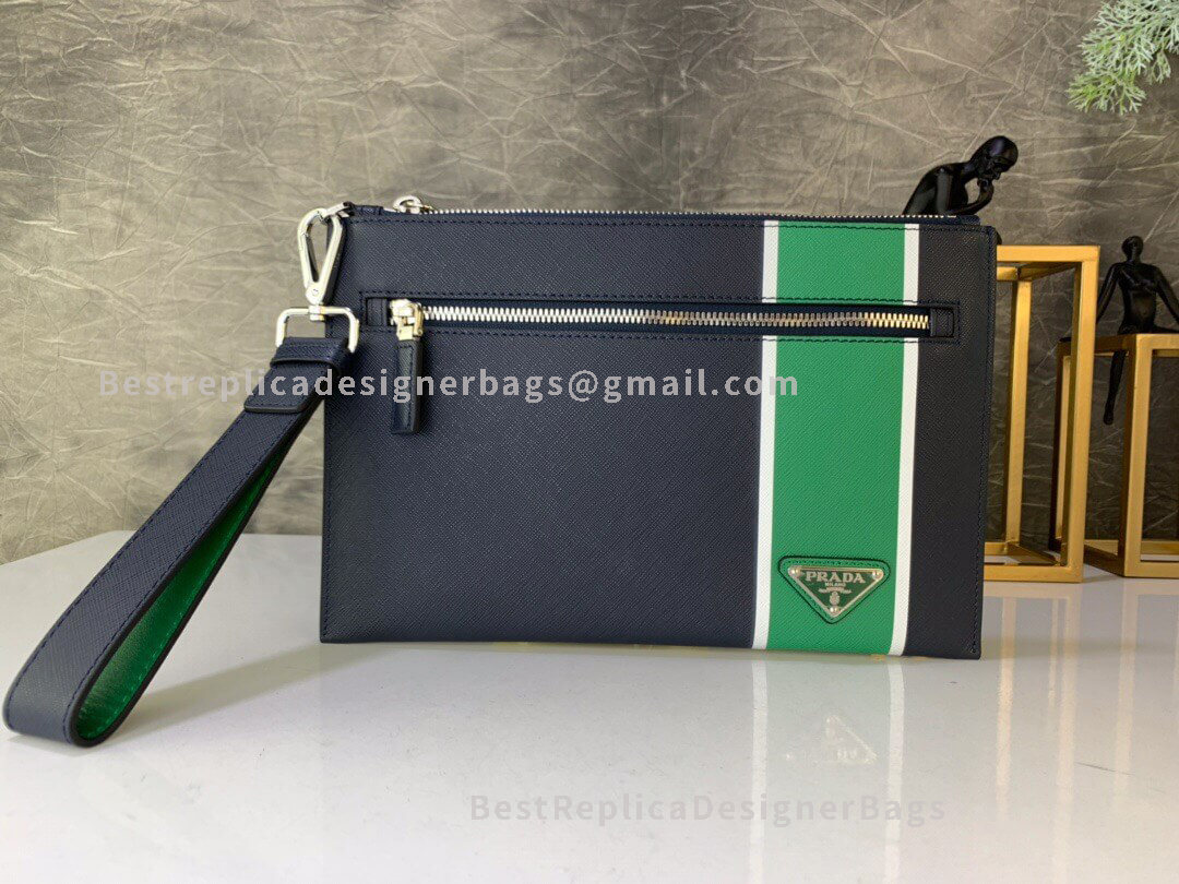Prada Navy And Green Saffiano Leather Bandoleer Bag SHW 005